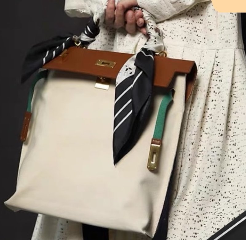 画像5: Woman striped canvas and leather contrast color tote shoulder messenger Kelly bag   キャンバス&レザーストライプトートショルダーバッグ (5)