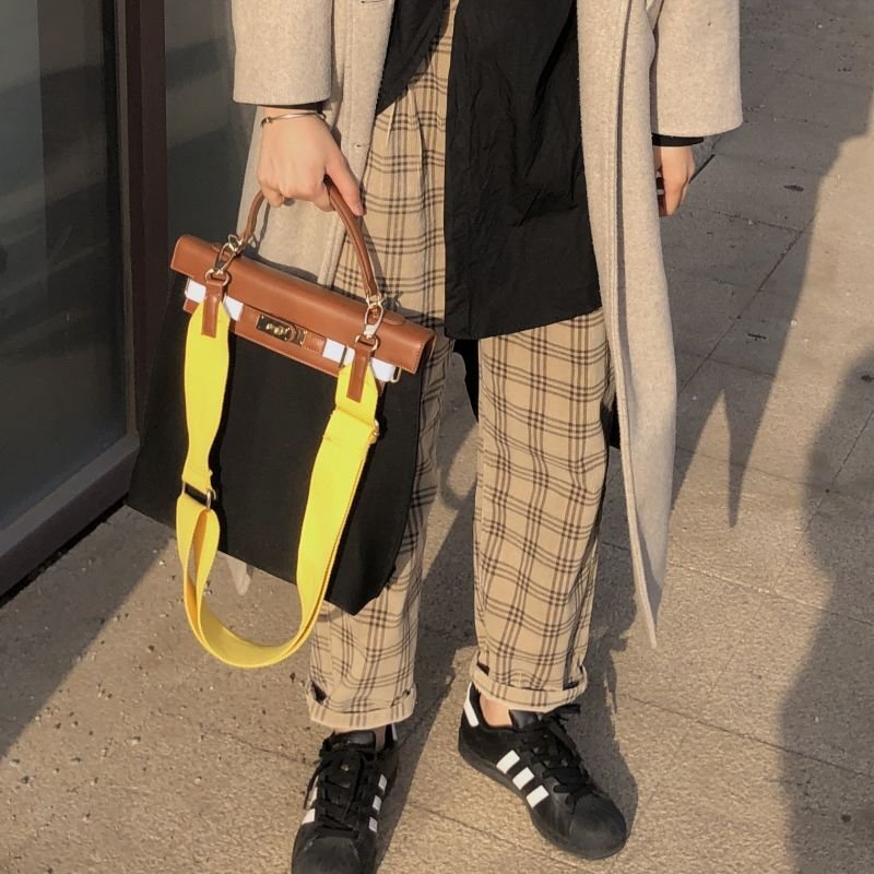 画像8: Woman striped canvas and leather contrast color tote shoulder messenger Kelly bag   キャンバス&レザーストライプトートショルダーバッグ (8)