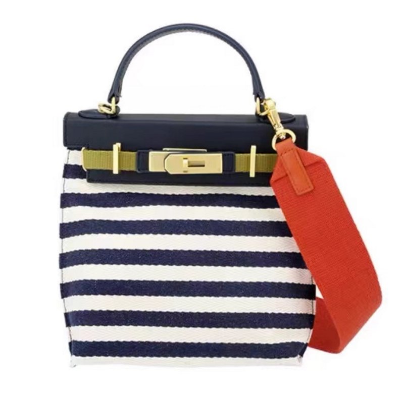 画像3: Woman striped canvas and leather contrast color tote shoulder messenger Kelly bag   キャンバス&レザーストライプトートショルダーバッグ (3)