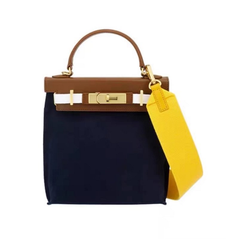 画像4: Woman striped canvas and leather contrast color tote shoulder messenger Kelly bag   キャンバス&レザーストライプトートショルダーバッグ (4)