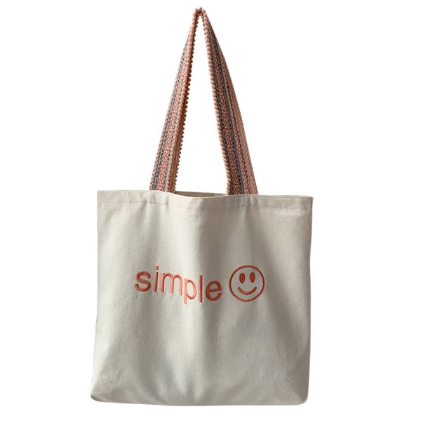 画像1: Smile embroidery tote shoulder 2WAY eco bag　ユニセックス男女兼用スマイル刺繍付きトートショルダー2WAYバッグ エコ バッグ (1)