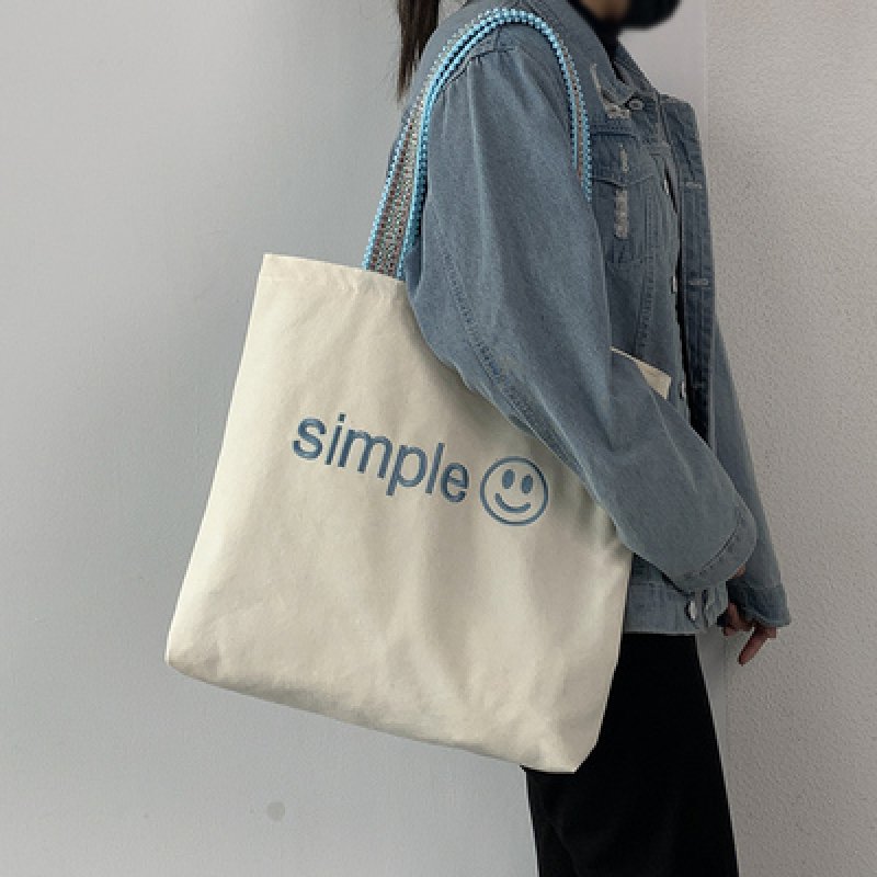 画像5: Smile embroidery tote shoulder 2WAY eco bag ユニセックス男女兼用スマイル刺繍付きトートショルダー2WAYバッグ エコ バッグ (5)