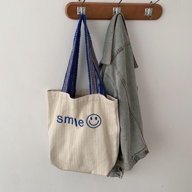 画像4: Smile embroidery tote shoulder 2WAY eco bag ユニセックス男女兼用スマイル刺繍付きトートショルダー2WAYバッグ エコ バッグ (4)