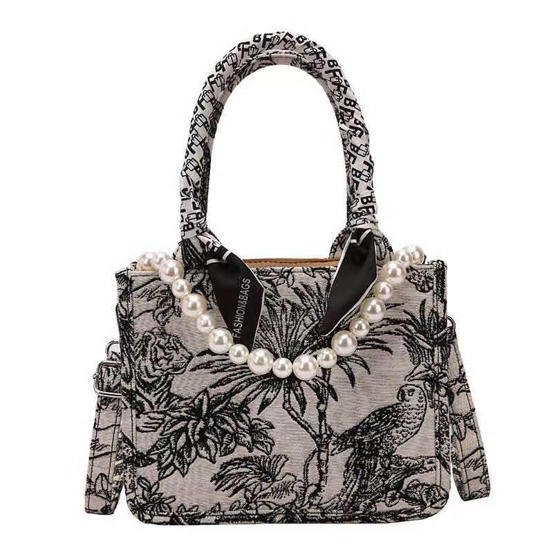 画像9: Woman  Pearl canvas bag  ジャガードパールトートショルダーバッグ メッセンジャーバッグ (9)