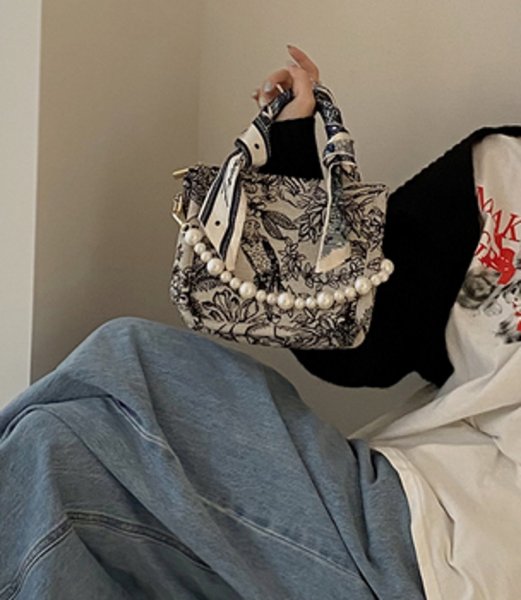 画像4: Woman  Pearl canvas bag  ジャガードパールトートショルダーバッグ メッセンジャーバッグ (4)