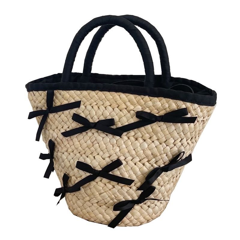 画像7: straw woven bow knot tote bag  ボウ 蝶結びリボン付きかご 籠 トートバック (7)