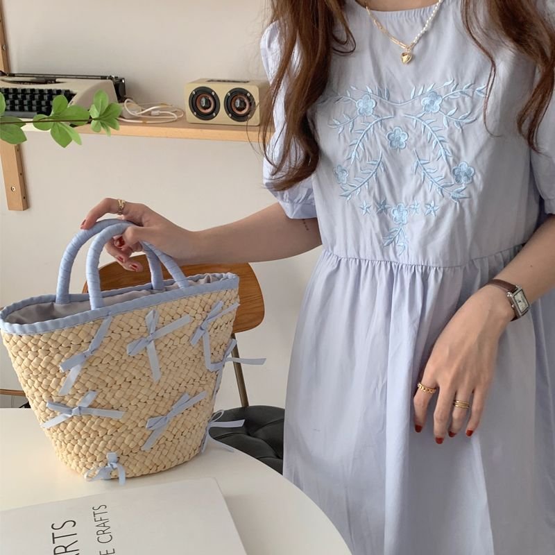 画像5: straw woven bow knot tote bag  ボウ 蝶結びリボン付きかご 籠 トートバック (5)