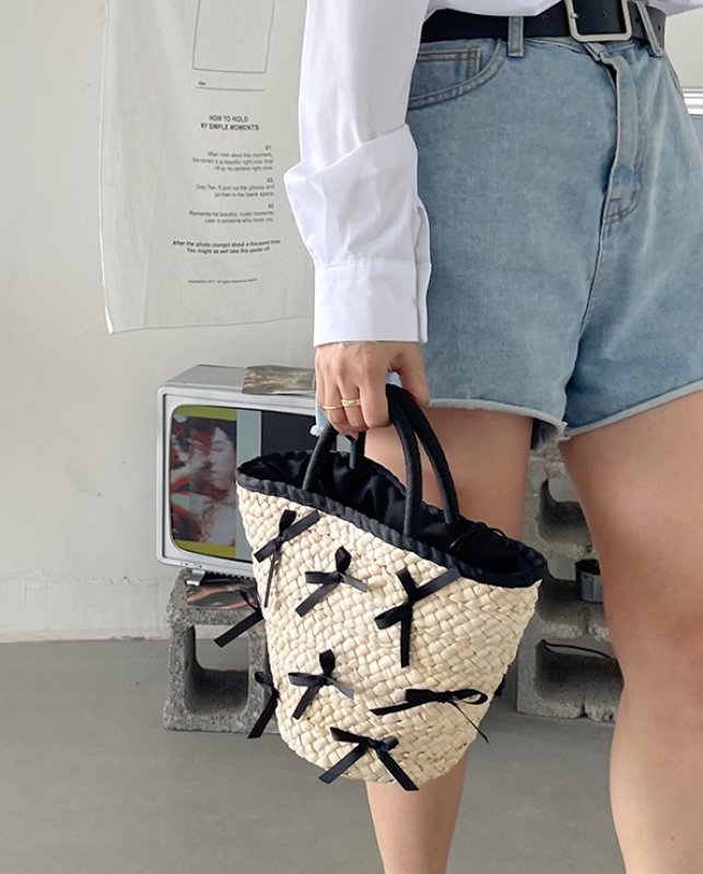 画像6: straw woven bow knot tote bag  ボウ 蝶結びリボン付きかご 籠 トートバック (6)