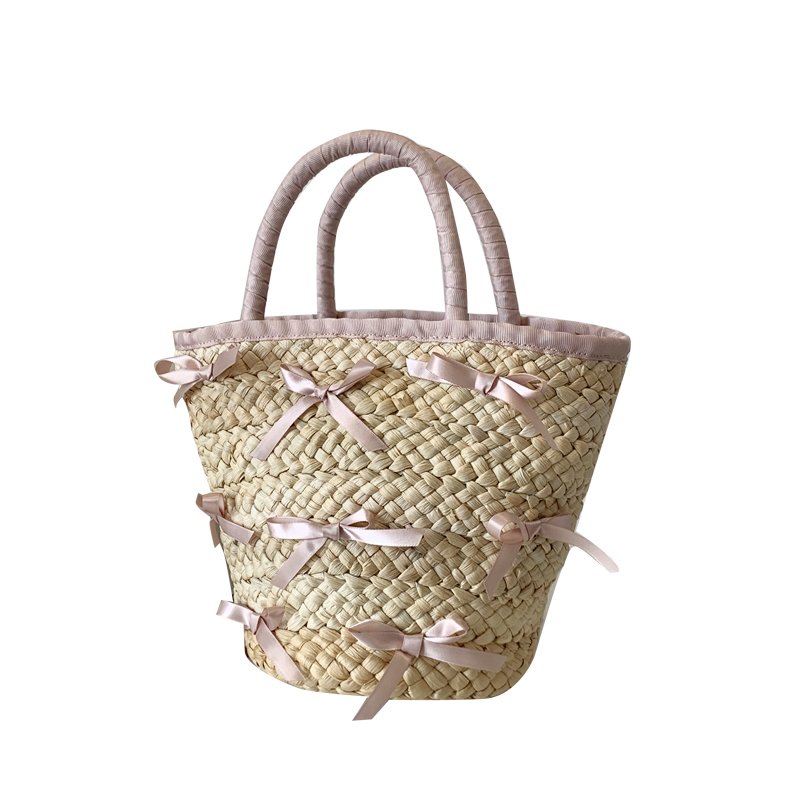 画像2: straw woven bow knot tote bag  ボウ 蝶結びリボン付きかご 籠 トートバック (2)
