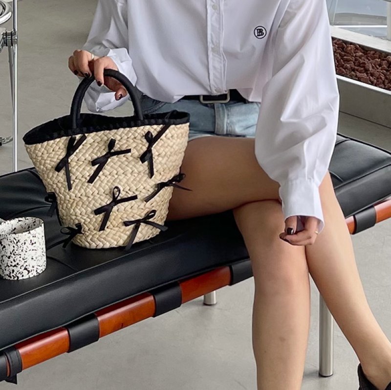 画像8: straw woven bow knot tote bag  ボウ 蝶結びリボン付きかご 籠 トートバック (8)