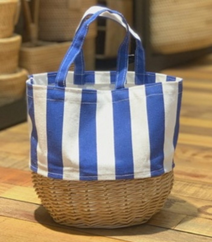 画像2: Striped canvas & basket straw woven tote bag Eco bag  ストライプキャンバス&かご 籠 トートバック (2)