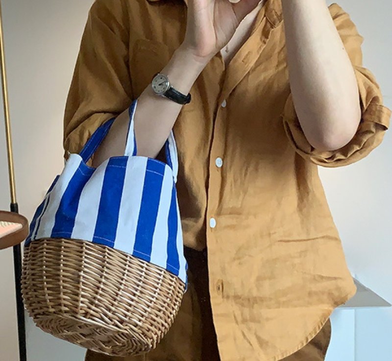 画像5: Striped canvas & basket straw woven tote bag Eco bag  ストライプキャンバス&かご 籠 トートバック (5)