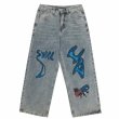 画像1: wide-leg  hand-painted graffiti  loose straight wild  pants Denim Jeans Pants 　男女兼用ユニセックス ワイドレッググラフィティデニム パンツ (1)