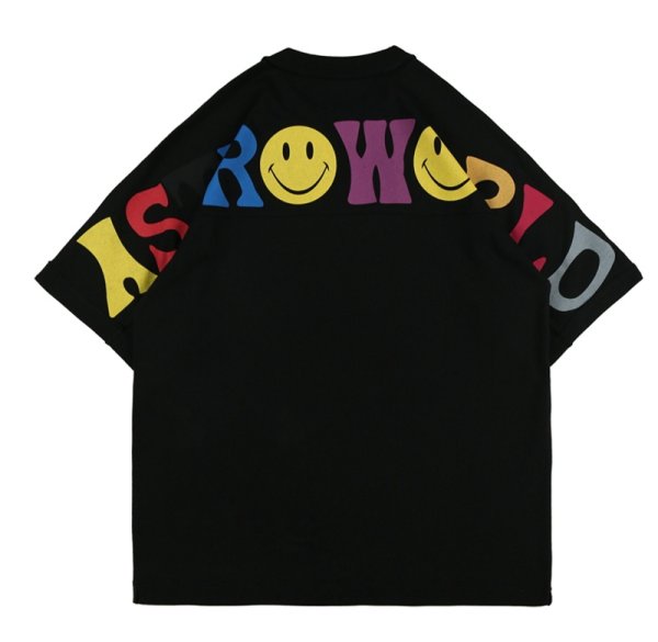 画像1: smiley face printing drop shoulder T-Shirt   男女兼用 ユニセックス スマイリーフェイスプリント ドロップショルダー Tシャツ (1)