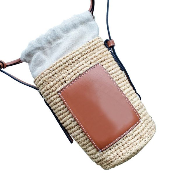画像2:  woven straw bucket bag shoulder diagonal bag small mobile phone bag　スモールかご籠ショルダーポシェットバッグ (2)