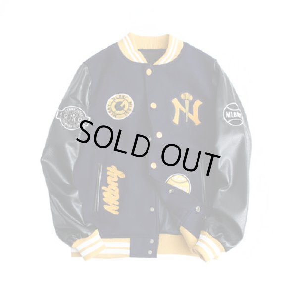 画像1: men's MLB NY woolen baseball uniform jacket blouson blackユニセッ クス男女兼用スタジアムジャンパー ジャケットブルゾン (1)