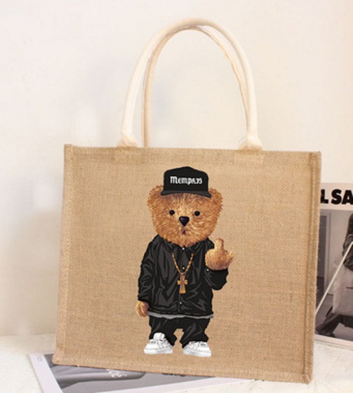 画像5: Linen Bear paint eco shopping bag Shoulder tote Bag 男女兼用麻リネン熊ベアプリントトート ショルダーエコバッグ  (5)