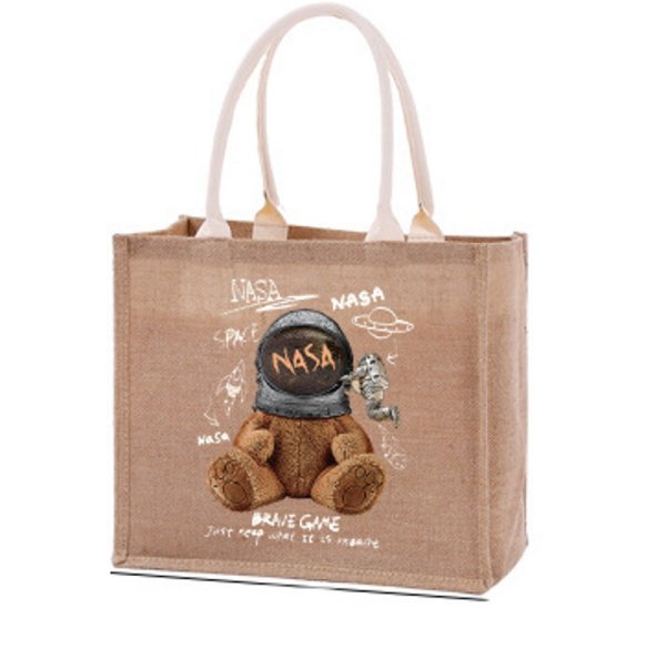 画像1: Linen Bear paint eco shopping bag Shoulder tote Bag　男女兼用麻リネン熊ベアプリントトート ショルダーエコバッグ  (1)