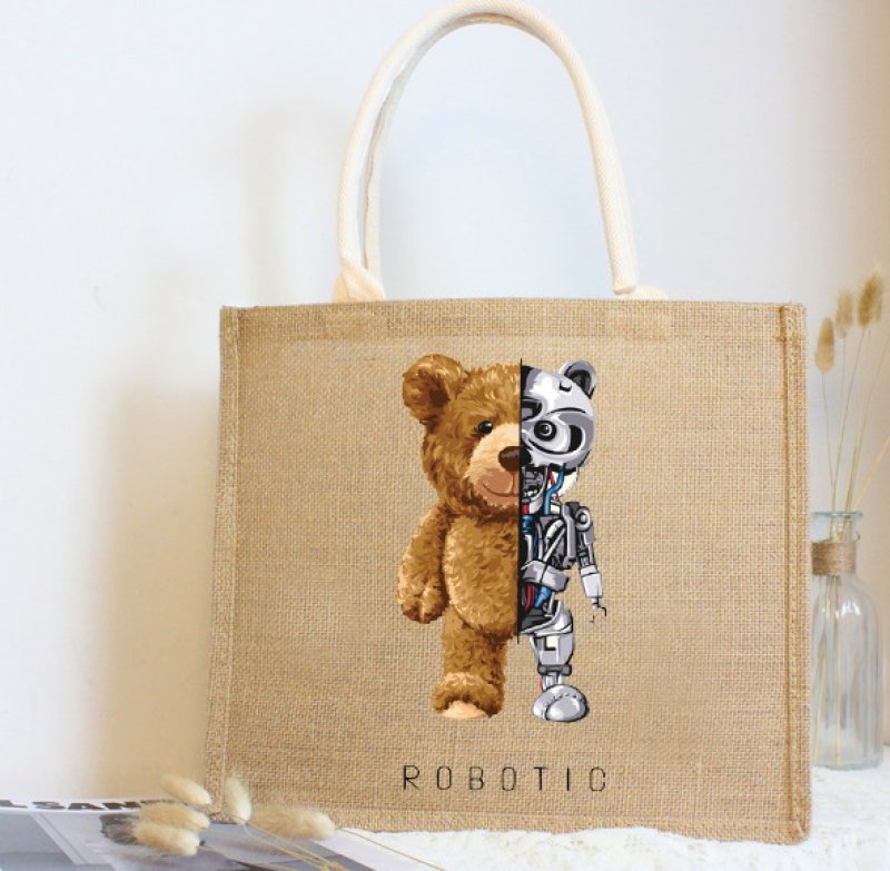 画像3: Linen Bear paint eco shopping bag Shoulder tote Bag 男女兼用麻リネン熊ベアプリントトート ショルダーエコバッグ  (3)