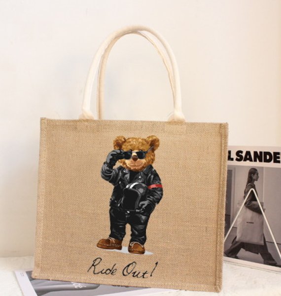 Linen Bear paint eco shopping bag Shoulder tote Bag 男女兼用