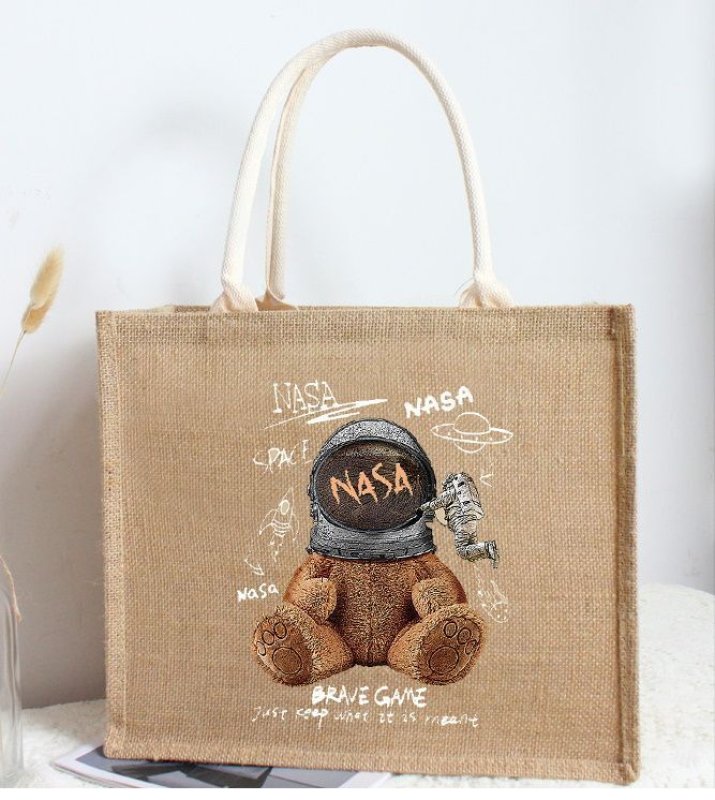 画像4: Linen Bear paint eco shopping bag Shoulder tote Bag 男女兼用麻リネン熊ベアプリントトート ショルダーエコバッグ  (4)