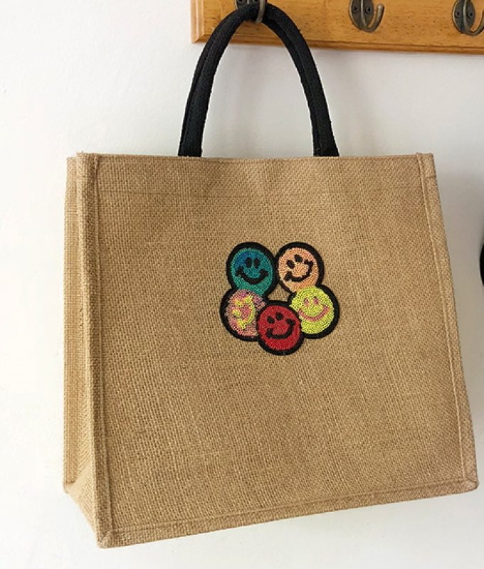 画像2: Straw Cotton and Linen  Smile flower sequins eco shopping bag Shoulder tote Bag 男女兼用麻リネンスマイル フラワー スパンコールトート ショルダーエコバッグ  (2)