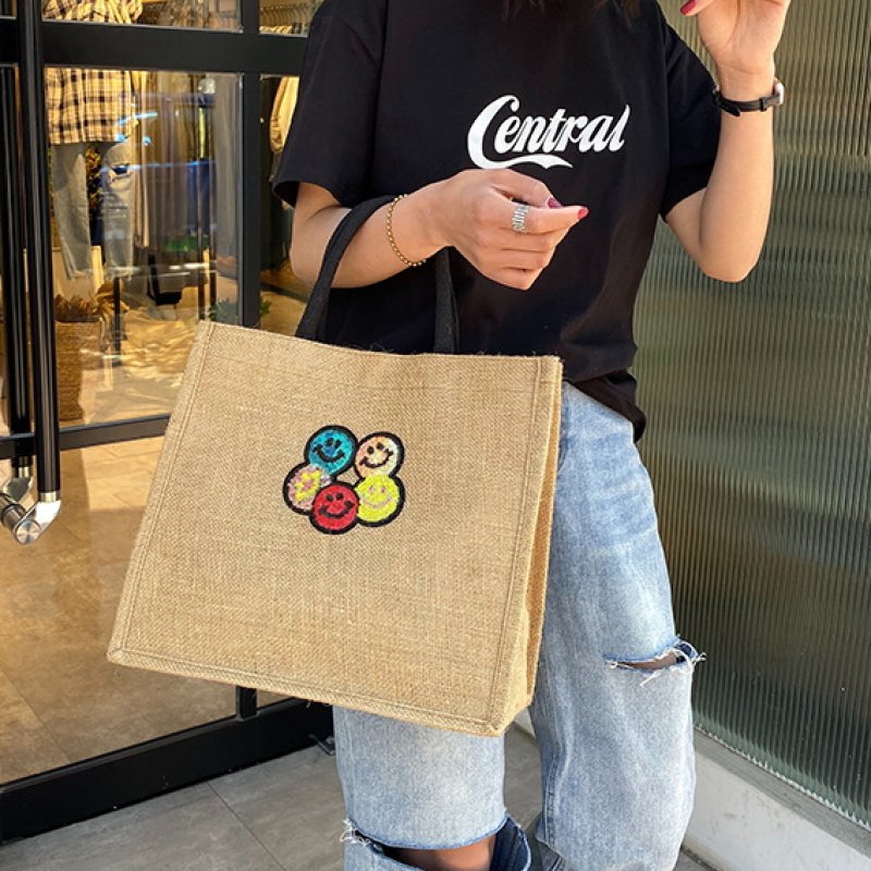 画像5: Straw Cotton and Linen  Smile flower sequins eco shopping bag Shoulder tote Bag 男女兼用麻リネンスマイル フラワー スパンコールトート ショルダーエコバッグ  (5)