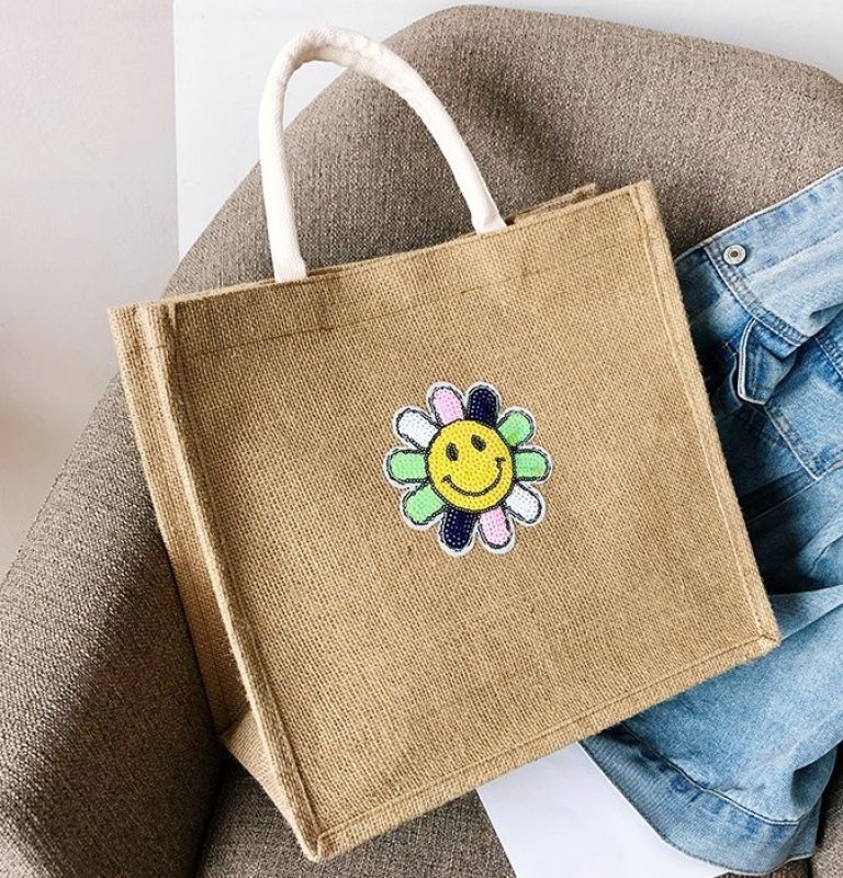画像3: Straw Cotton and Linen  Smile flower sequins eco shopping bag Shoulder tote Bag 男女兼用麻リネンスマイル フラワー スパンコールトート ショルダーエコバッグ  (3)