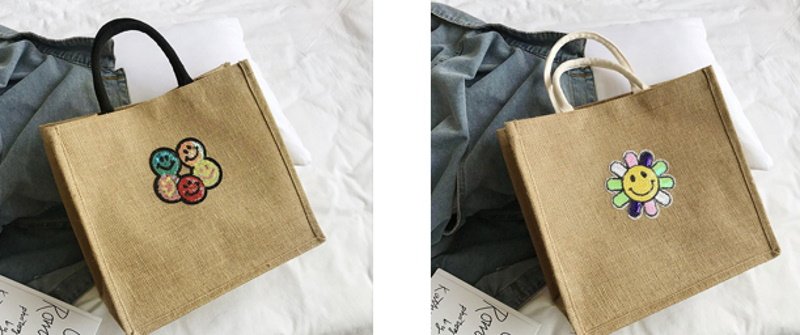 画像4: Straw Cotton and Linen  Smile flower sequins eco shopping bag Shoulder tote Bag 男女兼用麻リネンスマイル フラワー スパンコールトート ショルダーエコバッグ  (4)