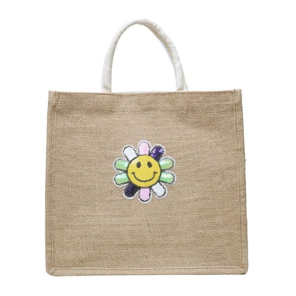 画像1: Straw Cotton and Linen  Smile flower sequins eco shopping bag Shoulder tote Bag　男女兼用麻リネンスマイル フラワー スパンコールトート ショルダーエコバッグ  (1)