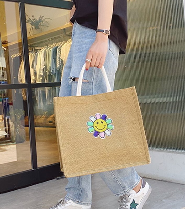 画像8: Straw Cotton and Linen  Smile flower sequins eco shopping bag Shoulder tote Bag 男女兼用麻リネンスマイル フラワー スパンコールトート ショルダーエコバッグ  (8)