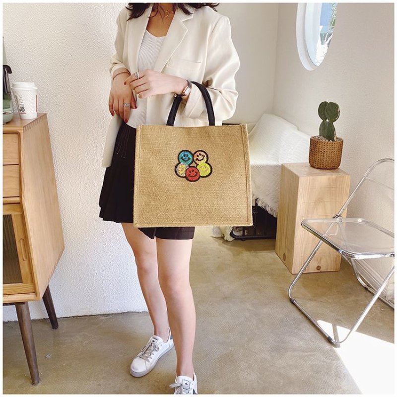 画像7: Straw Cotton and Linen  Smile flower sequins eco shopping bag Shoulder tote Bag 男女兼用麻リネンスマイル フラワー スパンコールトート ショルダーエコバッグ  (7)