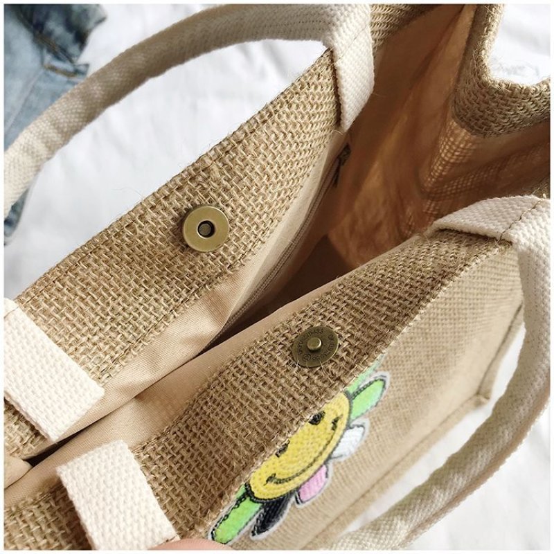 画像6: Straw Cotton and Linen  Smile flower sequins eco shopping bag Shoulder tote Bag 男女兼用麻リネンスマイル フラワー スパンコールトート ショルダーエコバッグ  (6)
