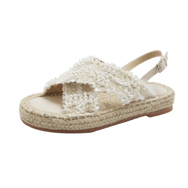 画像1: flat cross strapTweed & Pearl sandals slippers 　フラットパール付きバックストラップサンダル スリッパ (1)