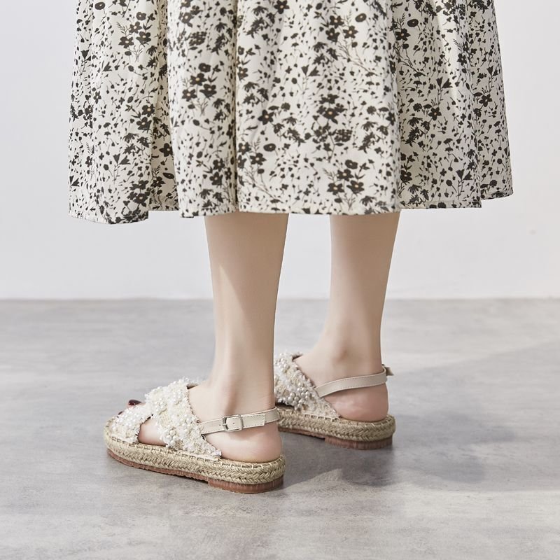 画像7: flat cross strapTweed & Pearl sandals slippers 　フラットパール付きバックストラップサンダル スリッパ (7)