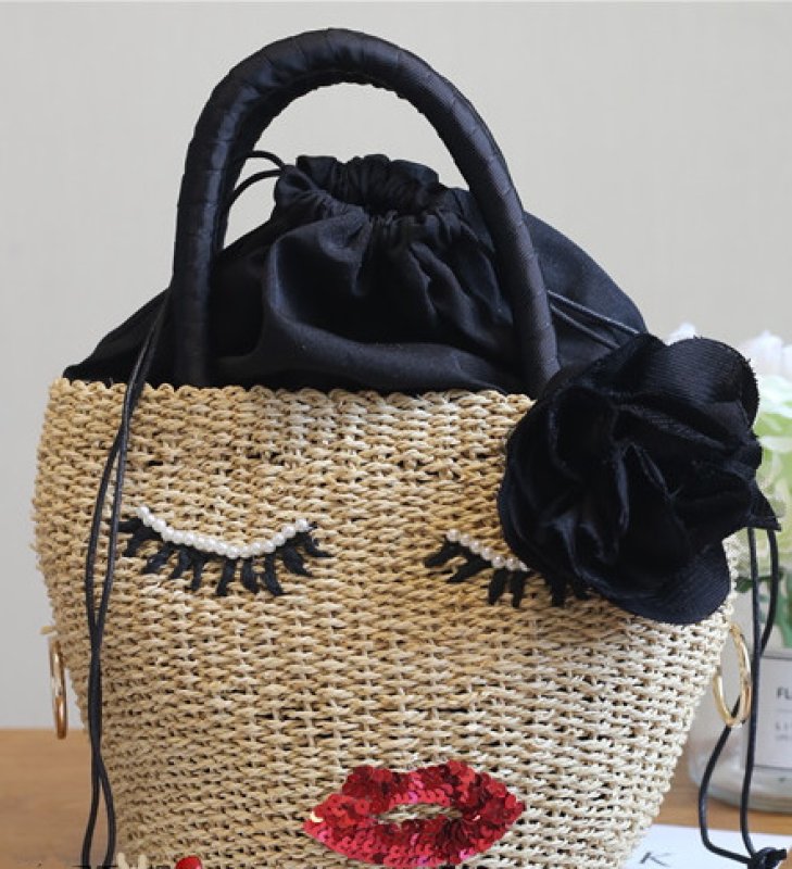 画像3: girly cute pearl sequins eyes mouth embroidery straw woven bagTote  bag  バケットかご籠ガーリーウインクキュートパールスパンコール付きトート バック  (3)