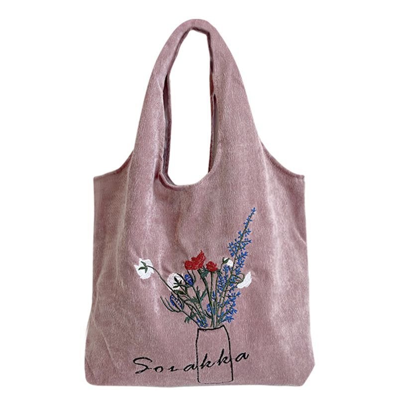 画像2: embroidery corduroy large capacity shoulder bagTote  bag  コーデュロイ フラワー刺繡ショルダートート エコバック  (2)
