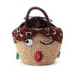 画像1: girly cute pearl sequins eyes mouth embroidery straw woven bagTote  bag  バケットかご籠ガーリーウインクキュートパールスパンコール付きトート バック　 (1)