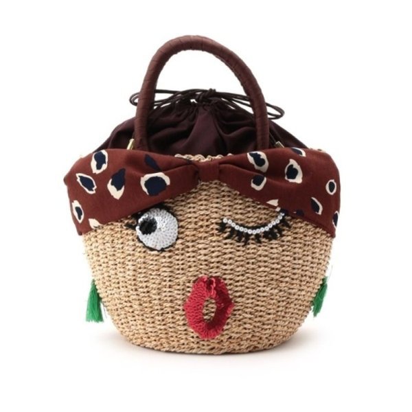 画像1: girly cute pearl sequins eyes mouth embroidery straw woven bagTote  bag  バケットかご籠ガーリーウインクキュートパールスパンコール付きトート バック　 (1)