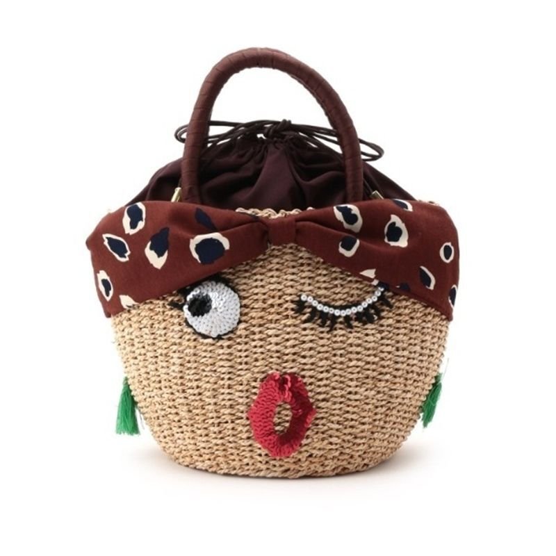 画像8: girly cute pearl sequins eyes mouth embroidery straw woven bagTote  bag  バケットかご籠ガーリーウインクキュートパールスパンコール付きトート バック  (8)