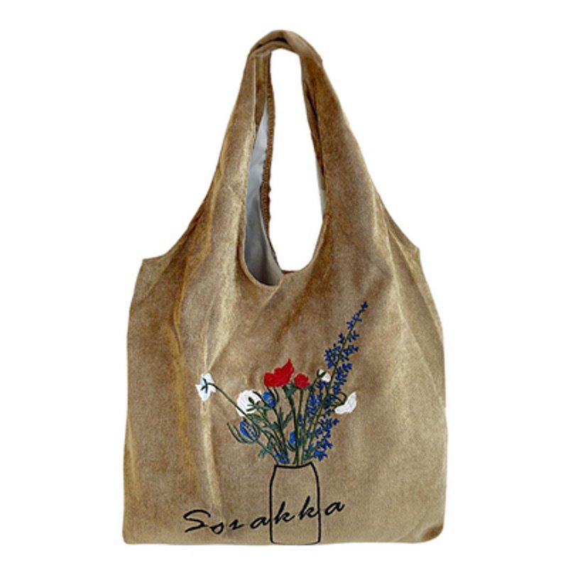 画像3: embroidery corduroy large capacity shoulder bagTote  bag  コーデュロイ フラワー刺繡ショルダートート エコバック  (3)