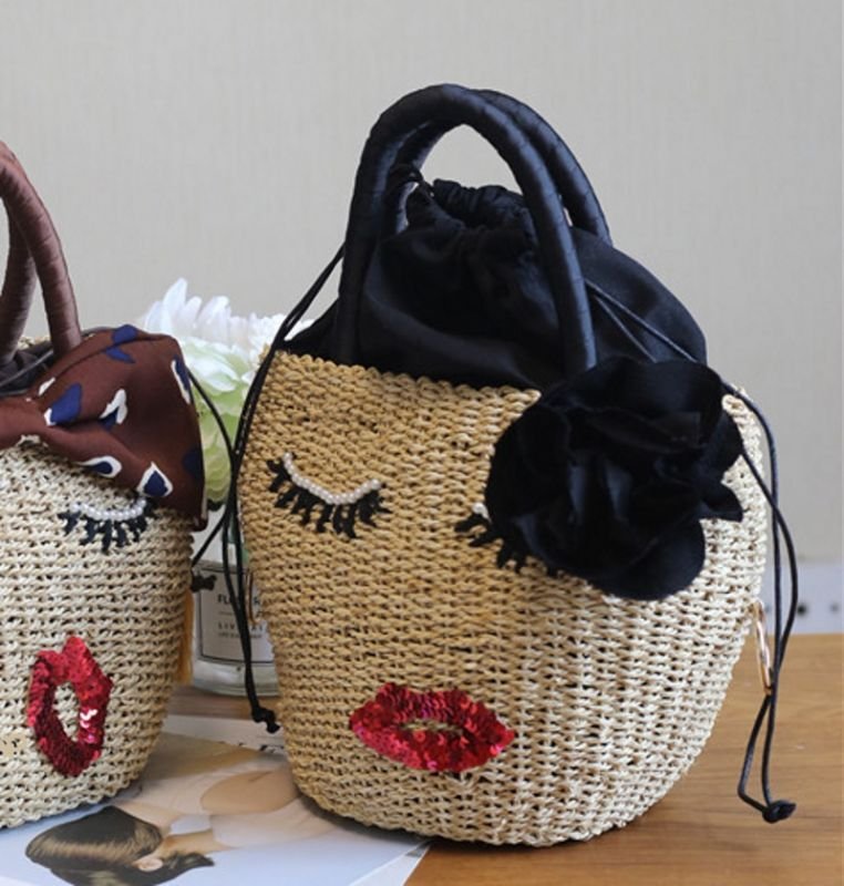 画像2: girly cute pearl sequins eyes mouth embroidery straw woven bagTote  bag  バケットかご籠ガーリーウインクキュートパールスパンコール付きトート バック  (2)