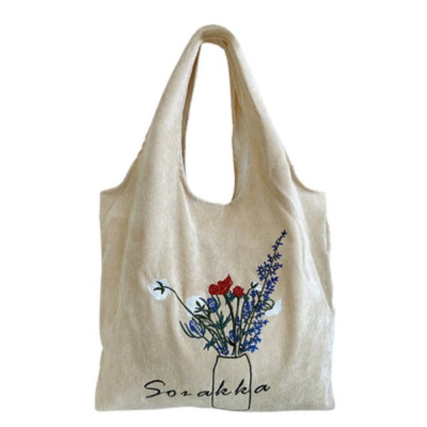 画像1: embroidery corduroy large capacity shoulder bagTote  bag  コーデュロイ フラワー刺繡ショルダートート エコバック　 (1)