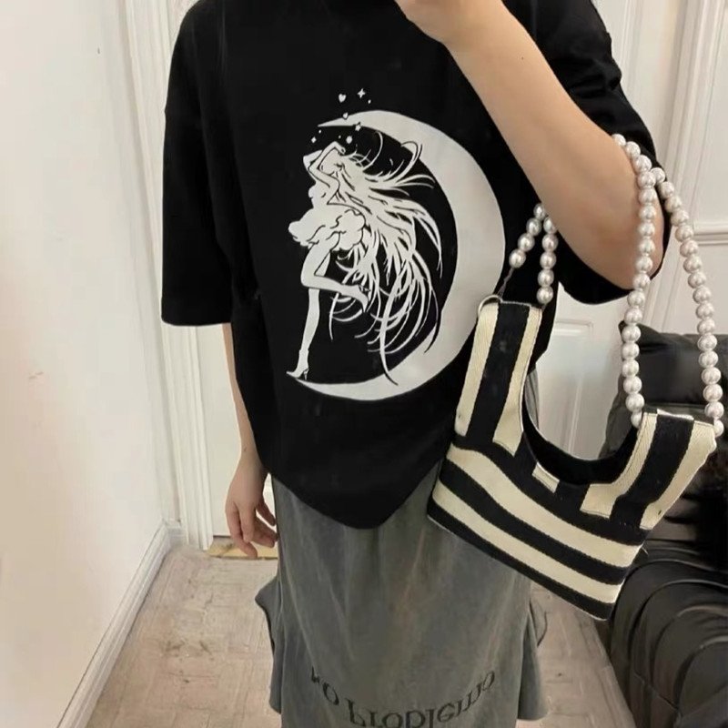 画像3: black and white striped wild design pearl chain portable messenger bag ストライプパールチェーンポータブルメッセンジャートートショルダーポシェットバッグ (3)