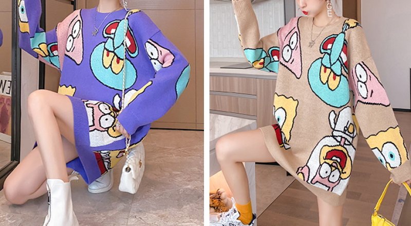 画像5: Women Sponge Bob Family Pullover Sweater Tunic Dress スポンジボブファミリープルオーバーセーター チュニック ドレス (5)
