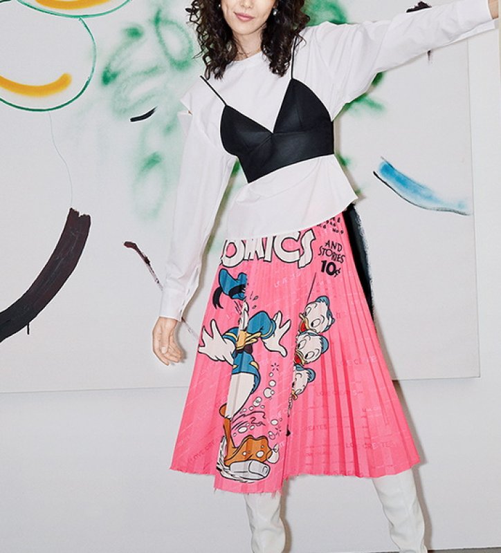 画像2:  Donald Duck A-line pleated skirt Middle length skirt ドナルドダックAラインプリーツスカートミドル丈スカート (2)