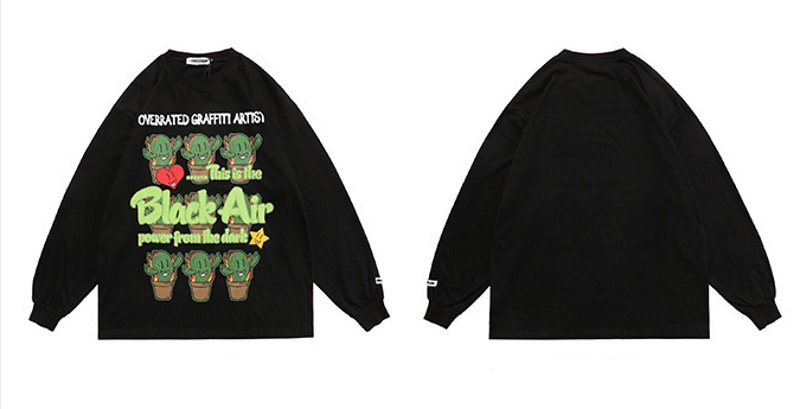 画像4: unisex cartoon cactus print loose long-sleeved t-shirt　男女兼用 ユニセックス カクタス サボテンプリントTシャツ (4)