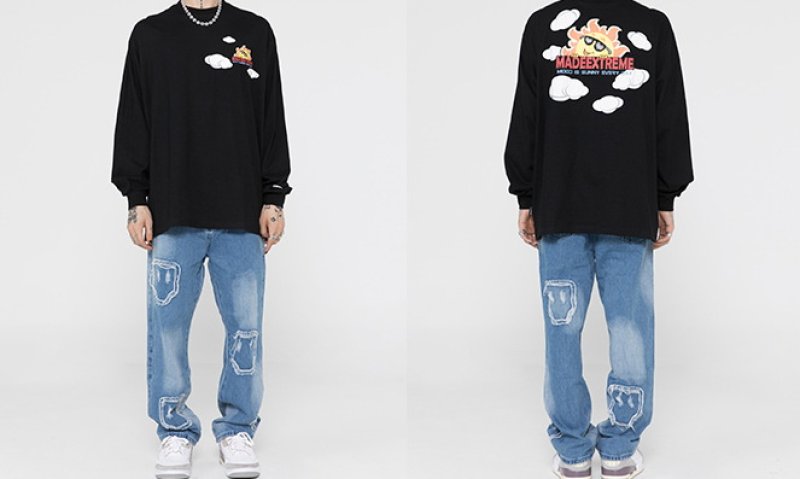 画像6: unisex cartoon sun print loose long-sleeved t-shirt　男女兼用 ユニセックス サンフラワープリントTシャツ (6)