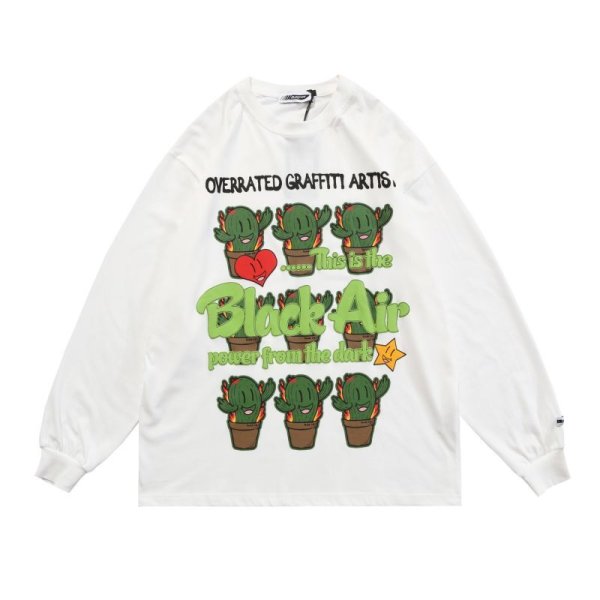 画像1: unisex cartoon cactus print loose long-sleeved t-shirt　男女兼用 ユニセックス カクタス サボテンプリントTシャツ (1)