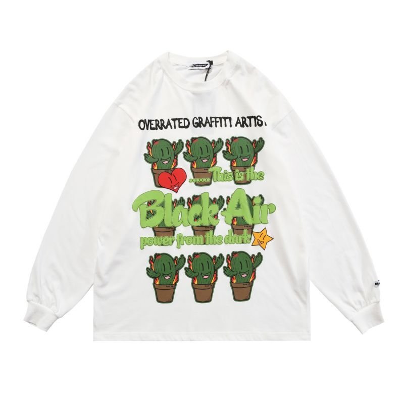 画像1: unisex cartoon cactus print loose long-sleeved t-shirt　男女兼用 ユニセックス カクタス サボテンプリントTシャツ (1)